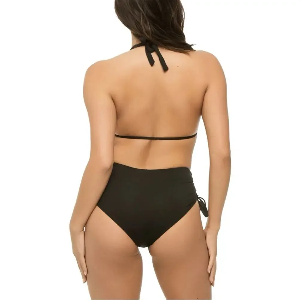 ✨NWT Vitamin a Brena Halter Plunge One Piece Swimsuit charcoal EcoLux XS